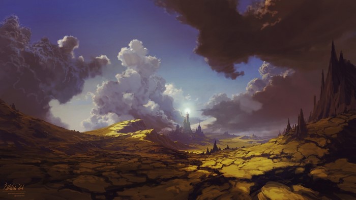 Fantasy landscape with dramatic clouds and distant city