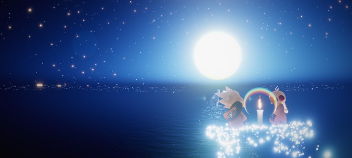 Children of Light characters on a boat under the moon