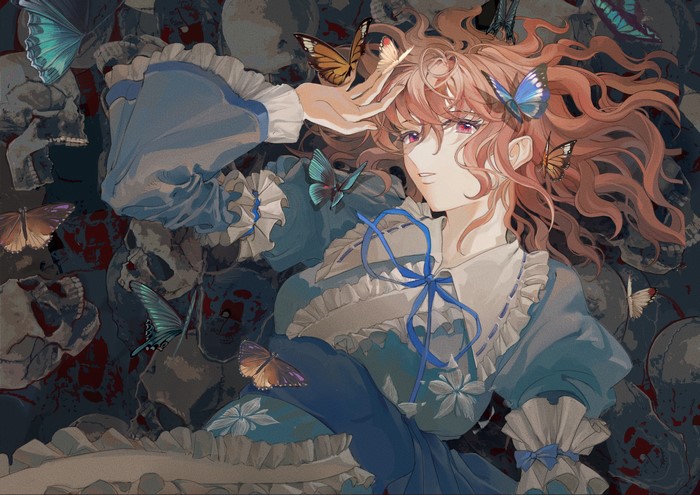 Saigyouji Yuyuko from Touhou surrounded by butterflies and skulls