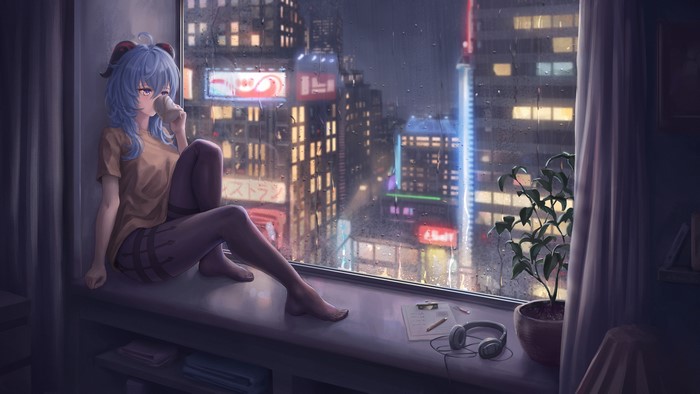 Ganyu from Genshin Impact drinking by the window in the rain