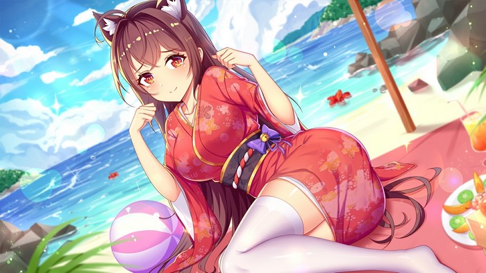Anime girl with cat ears in a kimono on the beach