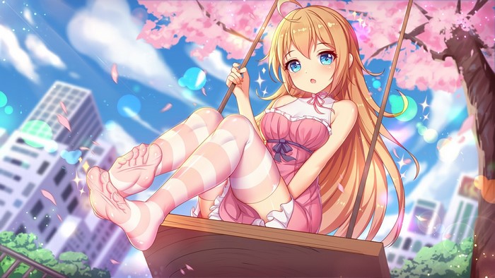 Anime Girl with Blue Eyes on a Swing