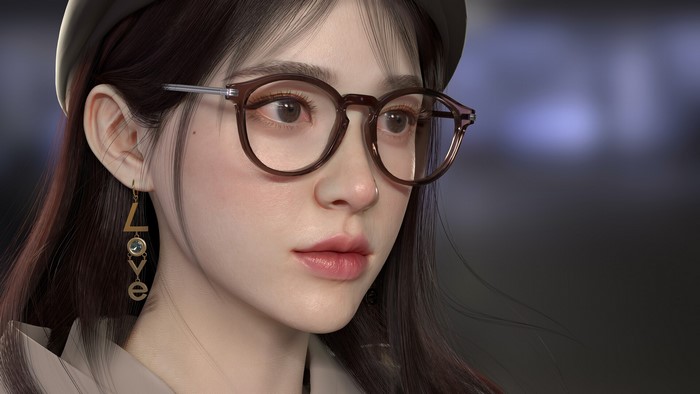 Close-up of an Asian woman wearing glasses and earrings