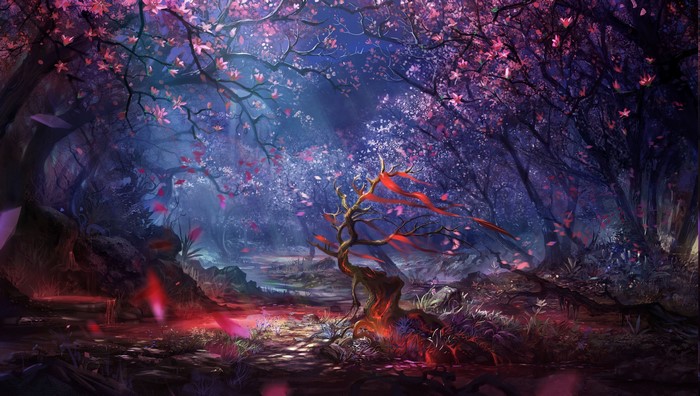 Fantasy forest with pink blossoms and red ribbons