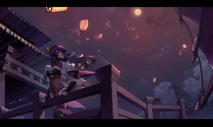 Beidou from Genshin Impact at night with lanterns