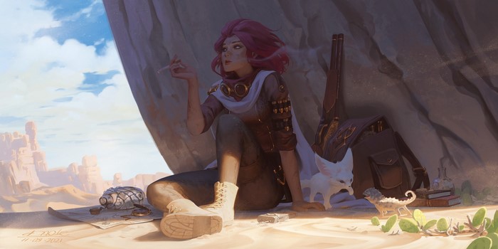 Redhead woman with goggles smoking in desert with fox and rifle