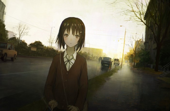 Anime girl with short hair on a rainy street