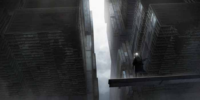 A lone figure stands on a platform between colossal, decaying structures