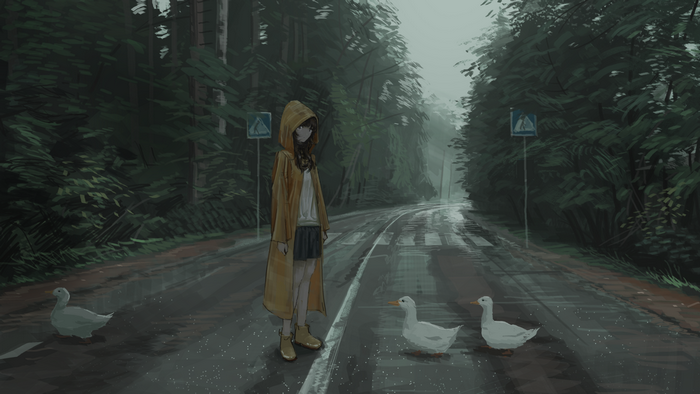 Anime girl in raincoat with ducks on a wet road