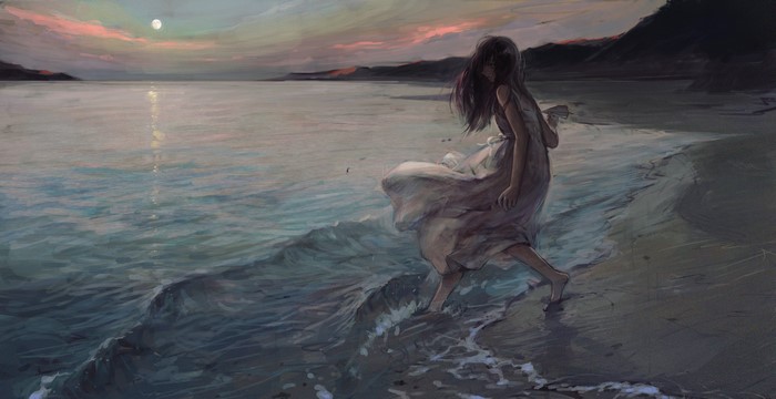 Anime girl barefoot on beach at sunset