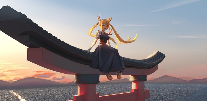 Tooru from Kobayashi-san Chi no Maid Dragon sitting on a torii gate