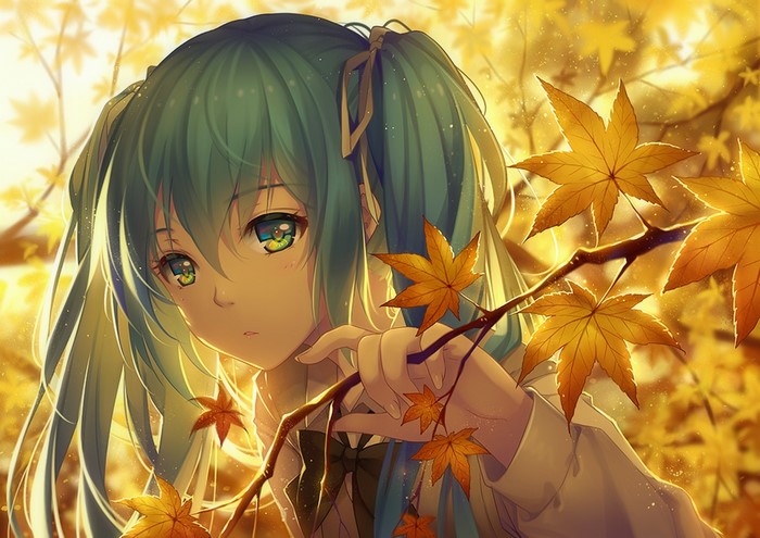Hatsune Miku in Fall with Maple Leaves
