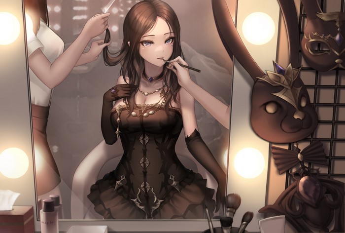 Anime girl in dress getting makeup done in front of mirror