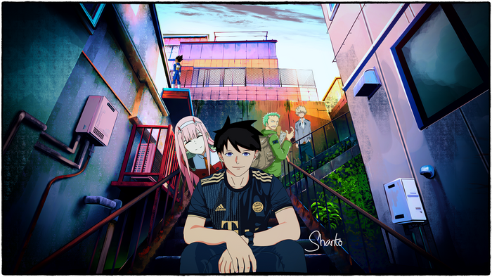 4K anime characters on urban stairs