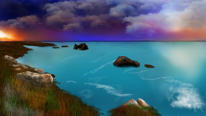 Digital painting of a rocky shoreline at sunset
