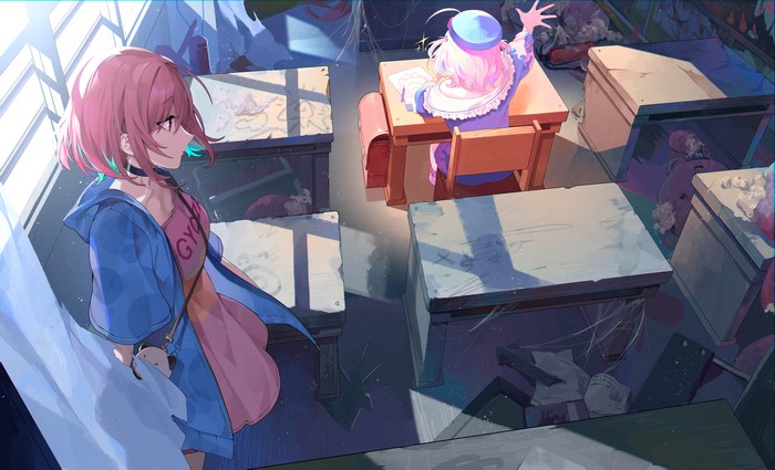 Riamu Yumemi and girl in classroom