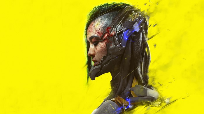 Cyberpunk 2077 cyborg woman with closed eyes