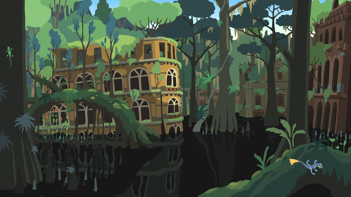 Ruined buildings in a swamp with lizards