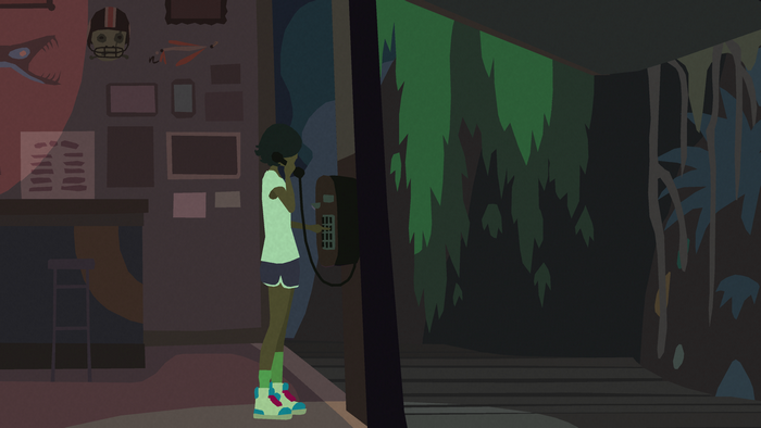 Mutazione: Girl on payphone in jungle setting