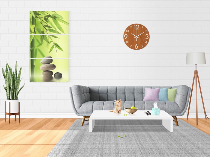 Living room with bamboo art and clock