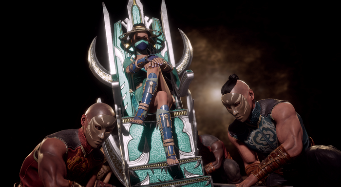 Kitana on a throne with guards in Mortal Kombat 11
