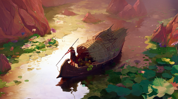 Man in a boat on a river with flowers