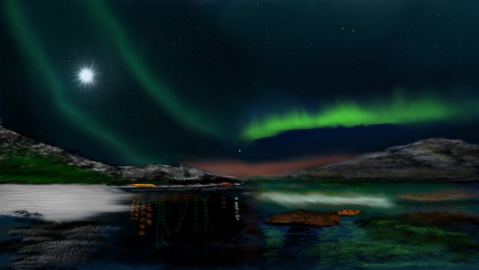Aurora borealis over a lake with mountains