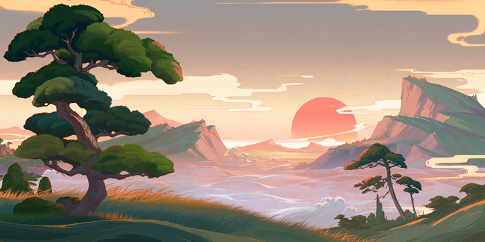 Genshin Impact Inazuma landscape with trees and mountains at sunset
