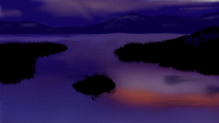 Digital painting of a calm lake at dusk with mountains
