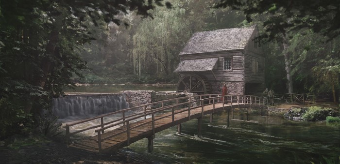 Wooden mill with water wheel and bridge over river