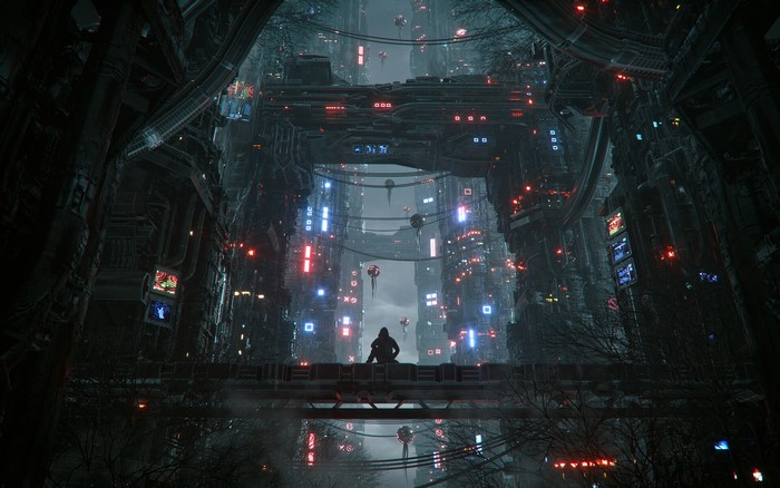 Futuristic city with a lone figure on a bridge