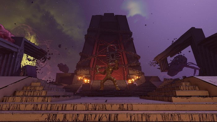 Krieg from Borderlands 3 in a dark temple