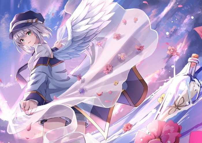 Anime girl with wings and hat, flowers and bottle