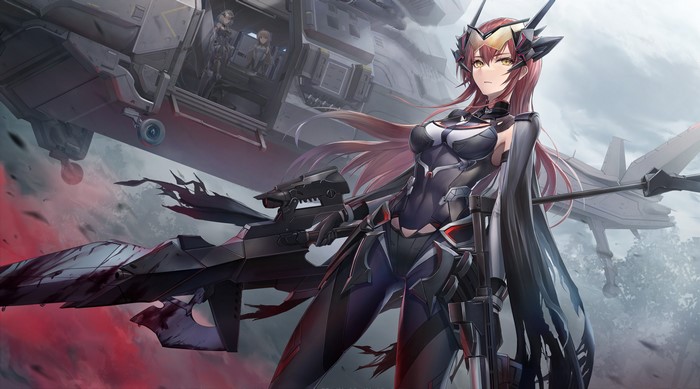 Anime girl with yellow eyes and red hair holding a weapon, with helicopters in the background