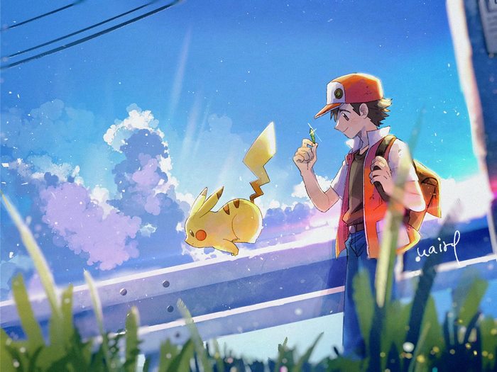 Red and Pikachu in Serene Sunset Scene