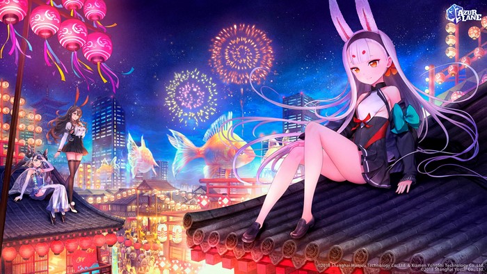 Azur Lane anime girls with fireworks and lanterns