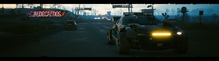 Aldecaldos vehicles on a desert highway in Cyberpunk 2077