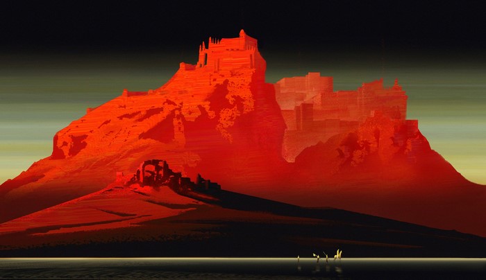 Abstract landscape with red mountains and ruins