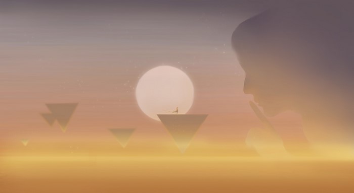 Surreal landscape with floating islands and a giant silhouette