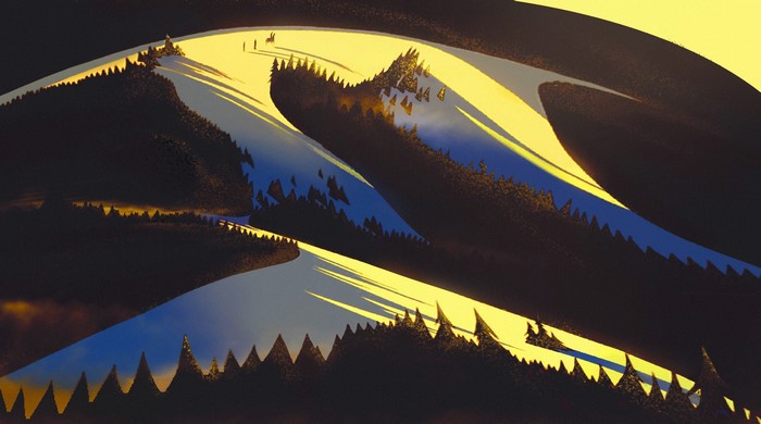 Abstract mountain landscape with trees and shadows