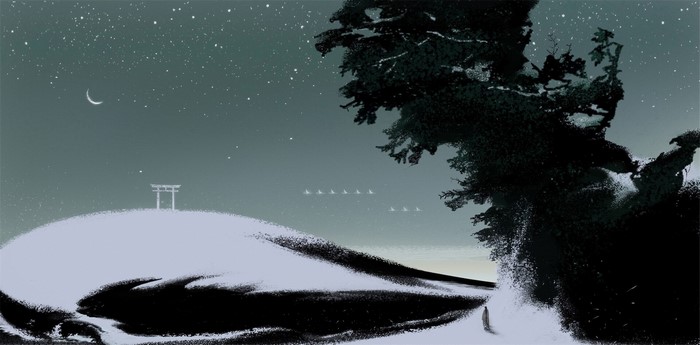 Snowy landscape with Shinto shrine and birds under a starry night sky