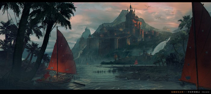 Digital art of a castle on a mountain with boats