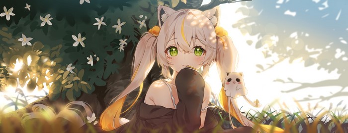 Anime girl with cat ears and twintails under a tree