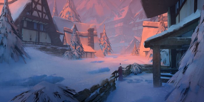Snowy village in a fantasy landscape by Thomas Stoop