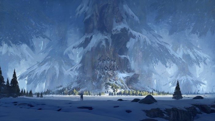 Snow Ghosts inscription on a snowy mountain