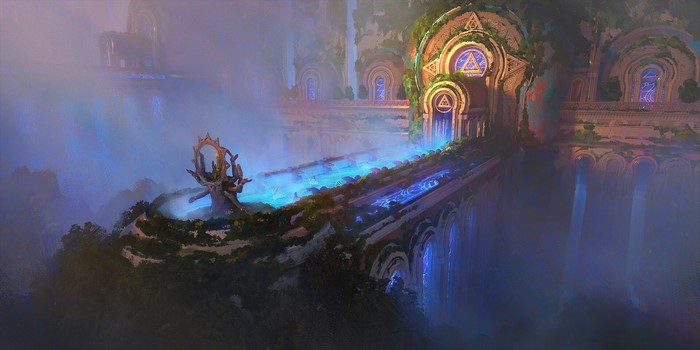Fantasy temple with glowing blue energy and ancient architecture