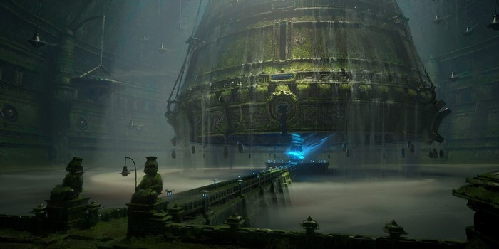 Ancient overgrown structure with a large bell and glowing portal