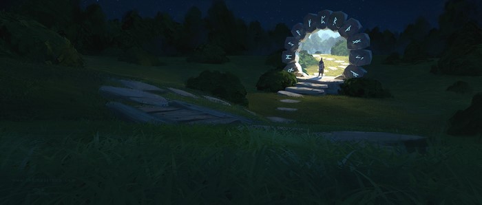 Fantasy portal with runes in a field at night