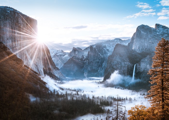 Yosemite National Park with Sunburst and Waterfall
