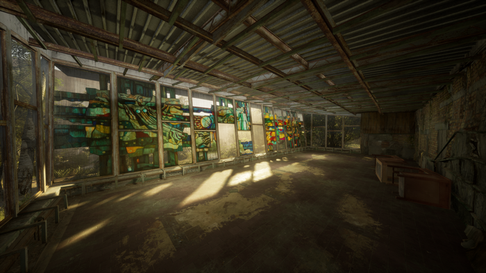Abandoned building with stained glass windows